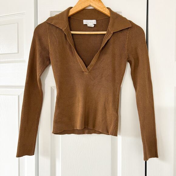 House of Harlow 1960 Ribbed Knit Collared Top & Midi Skirt Set Brown S EUC - Picture 6 of 9